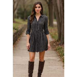 Women's Anthropologie Moulinette Soeurs Plaid Shirt Dress Size 2 Black White